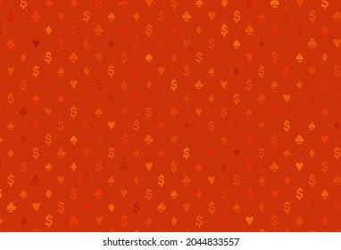 Light orange vector template with poker symbols. Blurred decorative design of hearts, spades, clubs, diamonds. Pattern for leaflets of poker games, events.