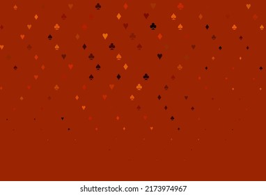 Light Orange vector template with poker symbols. Colorful gradient with signs of hearts, spades, clubs, diamonds. Template for business cards of casinos.