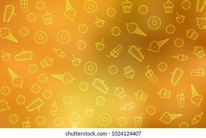 Light Orange vector template with sweet snacks. Blurred decorative design of desserts in doodle style. Template of children's food in cafe.