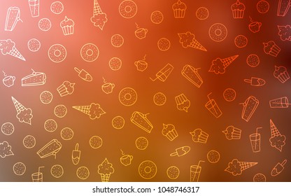 Light Orange vector template with sweet snacks. Decorative shining illustration with sweets on abstract template. Template of children's food in cafe.