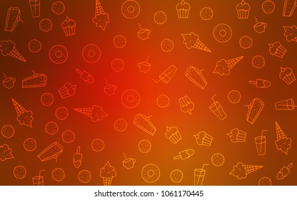 Light Orange vector template with sweet snacks. Confections on blurred abstract background with colorful gradient. Design for ad, poster, banner of cafes or restaurants.