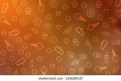 Light Orange vector template with sweet snacks. Glitter abstract sketch with sweets, candies, desserts. Doodle design for your business advert of cafes.