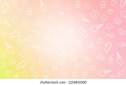 Light Orange vector template with sweet snacks. Beautiful colored illustration with candies in doodle style. Doodle design for your business advert of cafes.