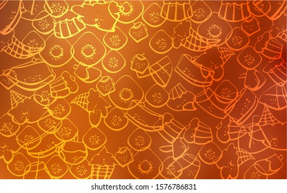 Light Orange vector template with sweet snacks. Decorative shining illustration with sweets on abstract template. Pattern for ads of breakfast, lunch, dinner.