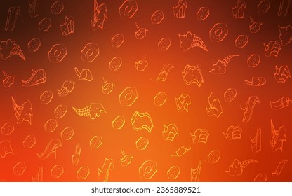 Light Orange vector template with sweet snacks. Glitter abstract sketch with sweets, candies, desserts. Template of children's food in cafe.