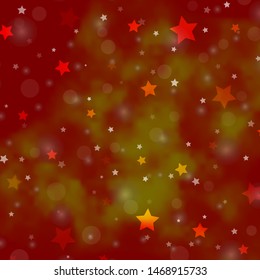 Light Orange vector texture with circles, stars. Abstract illustration with colorful spots, stars. Pattern for trendy fabric, wallpapers.
