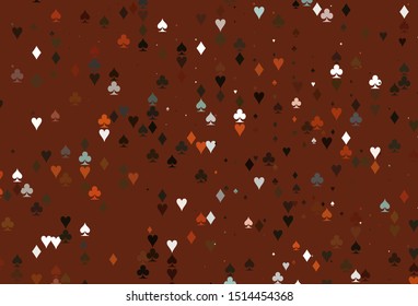 Light Orange vector texture with playing cards. Illustration with set of hearts, spades, clubs, diamonds. Design for ad, poster, banner of gambling websites.