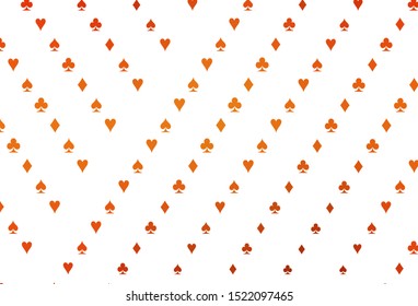 Light Orange vector texture with playing cards. Illustration with set of hearts, spades, clubs, diamonds. Pattern for leaflets of poker games, events.