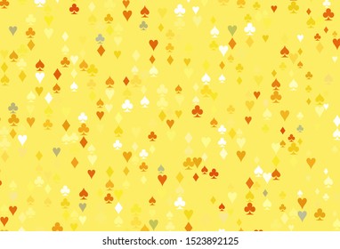 Light Orange vector texture with playing cards. Illustration with set of hearts, spades, clubs, diamonds. Smart design for your business advert of casinos.