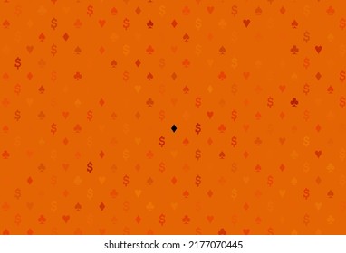 Light orange vector texture with playing cards. Shining illustration with hearts, spades, clubs, diamonds. Pattern for ads of parties, events in Vegas.