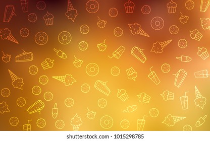 Light Orange vector texture with sweets, candies. Confections on blurred abstract background with colorful gradient. Pattern for menu of cafes and restaurants.