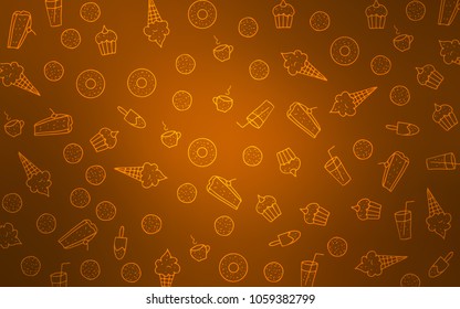 Light Orange vector texture with sweets, candies. Glitter abstract sketch with sweets, candies, desserts. Template of children's food in cafe.