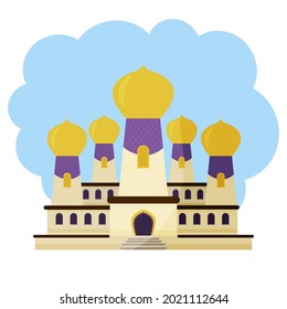 Light oriental palace with 5 towers with golden domes and purple windows in cartoon style on a blue background. An Arabic-style palace