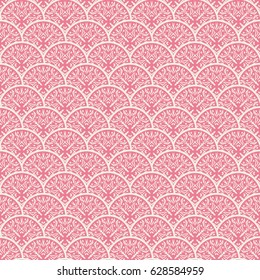 Light ornament on round pink plates. Seamless vector decorative pattern