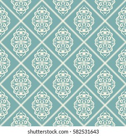 Light ornament of the swirls and wavy lines on turquoise background with diamonds. Seamless vector pattern