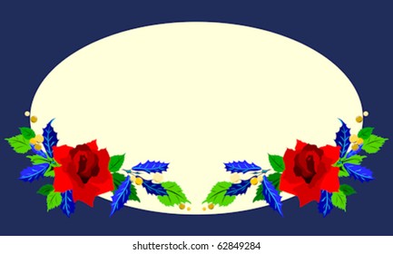 Light oval on blue background flanked by Christmas rose and holly arrangements