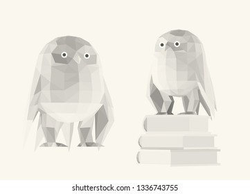 Light Owl. Set of Isolated White Owls on White Background. Low Poly Vector 3D Rendering