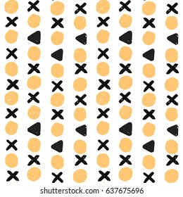 light painted color pattern of graphic black triangles, crosses and orange circles with texture on white background