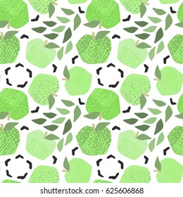 light painted color pattern of green apples with leaf texture on white background