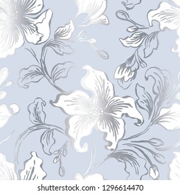 Light pale floral seamless pattern design project. Cold colors. Simple concept luxury floral and leaves seamless pattern for card, invitation, banner, web, banner, header, page, cover, billboard.