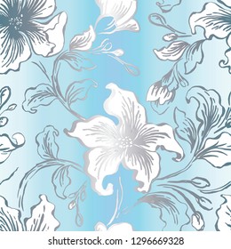 Light pale floral seamless pattern design project. Cold colors. Simple concept luxury floral and leaves seamless pattern for card, invitation, banner, web, banner, header, page, cover, billboard.