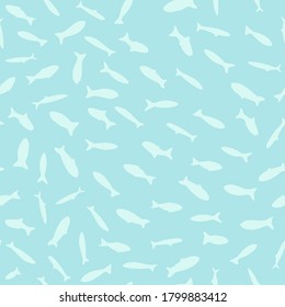 Light palette seamless pattern with sea school silhouettes. White fish little ornament with turquoise background. Designed for wallpaper, textile, wrapping paper, fabric print. Vector illustration.