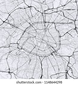 Light Paris city map. Road map of Paris (France). Black and white (light) illustration of parisian streets. Square format.