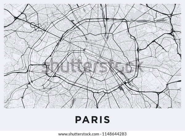 明るいパリの市の地図 パリの道路地図 フランス パリの通りの白黒のイラスト 印刷可能なポスター形式 アルバム のベクター画像素材 ロイヤリティ フリー