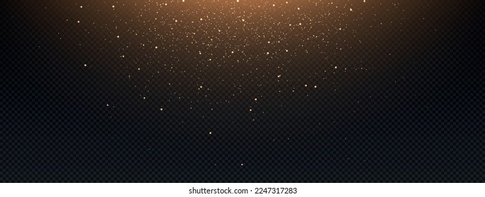 Light particles concept. Graphic element for website on copy space. Magic effect and overlay. Lights and glittery gold confetti. Realistic flat vector illustrations isolated on transparent background