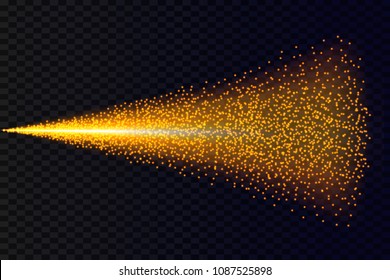 Light particles dispersion of gold glitter spray on black background. Vector golden dust or glowing magic mist spray with drops in motion. Abstract glittering stardust glow design for cosmetic sprayer