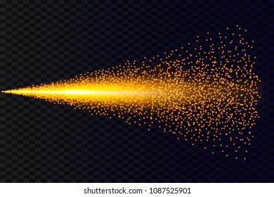 Light particles dispersion of gold glitter spray on black background. Vector golden dust or glowing magic mist spray with drops in motion. Abstract glittering stardust glow design for cosmetic sprayer