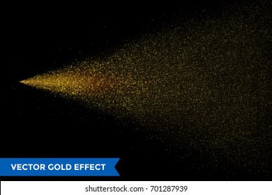 Light Particles Dispersion Of Gold Glitter Spray On Black Background. Vector Golden Dust Or Glowing Magic Mist Spray With Drops In Motion. Abstract Glittering Stardust Glow Design For Cosmetic Sprayer