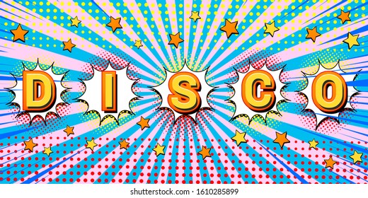 Light party comic concept with DISCO letters on speech bubbles colorful stars beams radial and halftone effects. Vector illustration