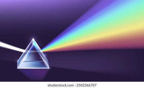 Luz que pasa a través de un prisma triangular. Plantilla de ilustración de física. Vector EPS10