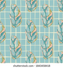 Light pastel blue seamless pattern with hand drawn monstera leaf ornament. Chequered background. Tender palette tones print. Great for fabric design, textile, wrapping, cover. Vector illustration