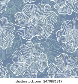 Light pastel blue, white vector seamless doodle pattern with flowers. Decorative design of flowers on white background. Pattern for design of fabric, wallpapers.