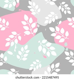 light pastel blue-grey-pink seamless pattern with white abstract leaves. delicate spotted pastel background for postcards, wrapping paper,wallpaper. winter vector background with white twigs of leaves