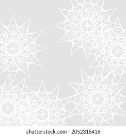 Light Pastel Ice Grey Complicated Frost Soft Ornamental Wallpaper. Stars Lace Mystery Chaotic White Satanic Winter Calm Design Pic. Print Monochrome Folk Sharp Silver Cold Mandala Luxury Pattern.