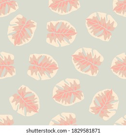 Light pastel seamless doodle pattern with random monstera leaves silhouettes. Pink and blue soft palette artwork. Perfect for fabric design, textile print, wrapping, cover. Vector illustration.