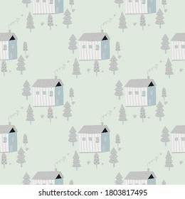 Light pastel seamless pattern with doodle house with tree ornament. Soft blue palette stylized artwork. Designed for wallpaper, textile, wrapping paper, fabric print. Vector illustration.