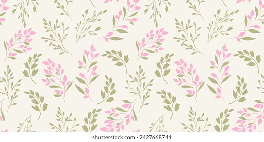 Light pastel seamless pattern with green tiny branches leaves, pink abstract ditsy flowers buds. Vector hand drawn sketch. Simple creative contour silhouette, floral stems spring or summer printing.