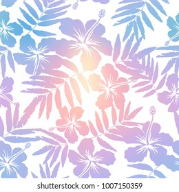 Light pastel trendy colors tropic flowers and leaves silhouettes vector seamless pattern