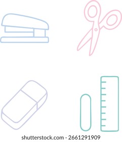 A light pastel vector doodle set showing a desk stapler, a pair of scissors, an eraser, and a ruler.
