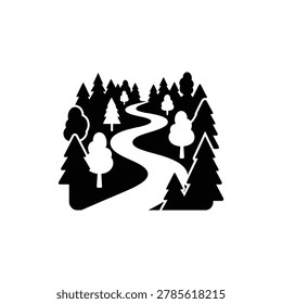 Light Path Through Dark Forest Icon. Black filled icon showing a bright beam path cutting through a dense dark forest tree lineup