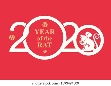 Light pattern 2020 on a red background with a cute rat with a coin. Chinese New Year of the Rat. Happy New Year. Wise Rat 2020. New Year on the Chinese calendar.