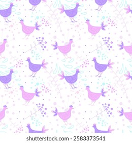 Light pattern with hen . Chicken  and folklore pattern, White background.