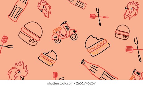 Light peach background with burgers, scooters, chicken heads, forks, and soda bottles. A quirky and creative food delivery themed design.
