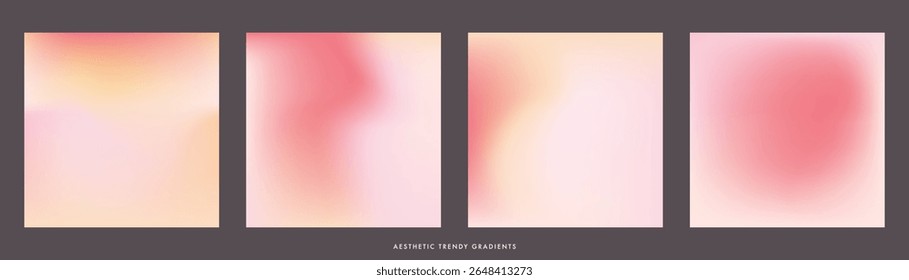 Fundo de gradiente amarelo rosa pêssego claro. Textura de aura macia abstrata. Conjunto de 4 vetor quadrado de aura rosa bege rosa bg para cartaz, banner, mídias sociais, beleza, cosméticos e design de casamento