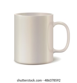 Light pearl ceramic mug for printing corporate logo. Cup isolated on white background. Vector 3D illustration