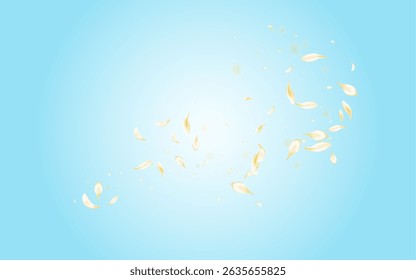 Light Petal Summer Vector Blue Background. Delicate Falling Sakura Illustration. Yellow Rose Flying Banner. Beige Lotus Blur Backdrop. Fall Blossom Poster.